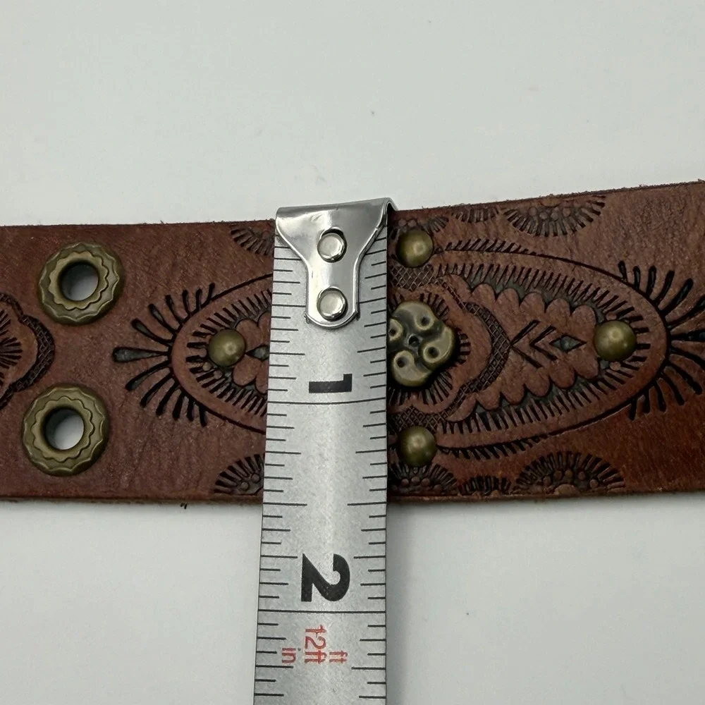 Fossil Brown Tooled Leather Western Belt Floral Studded 42in